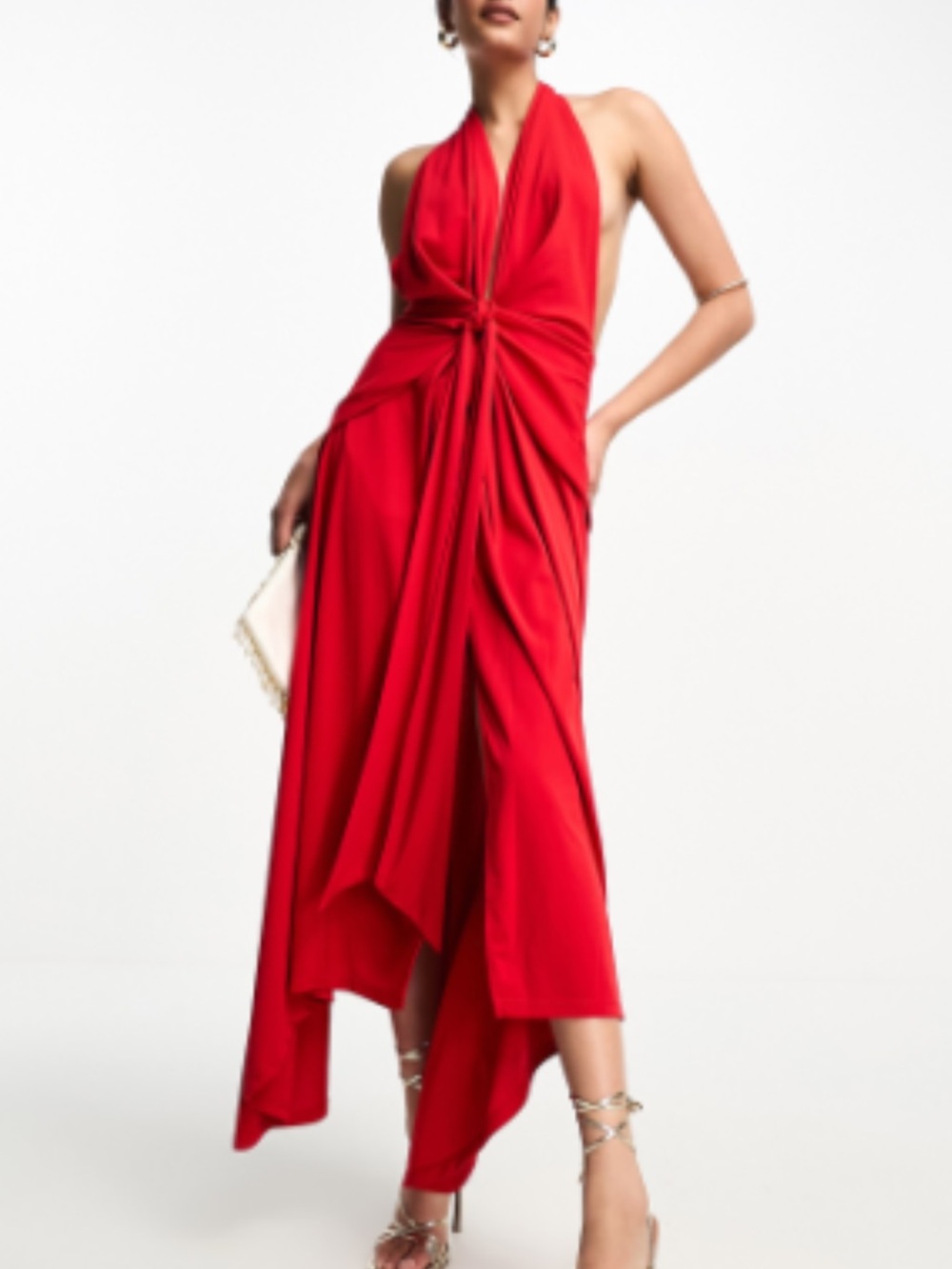 ASOS Design True Red Deep V-Neck Ruched Halter Slit Maxi Dress - Size 2